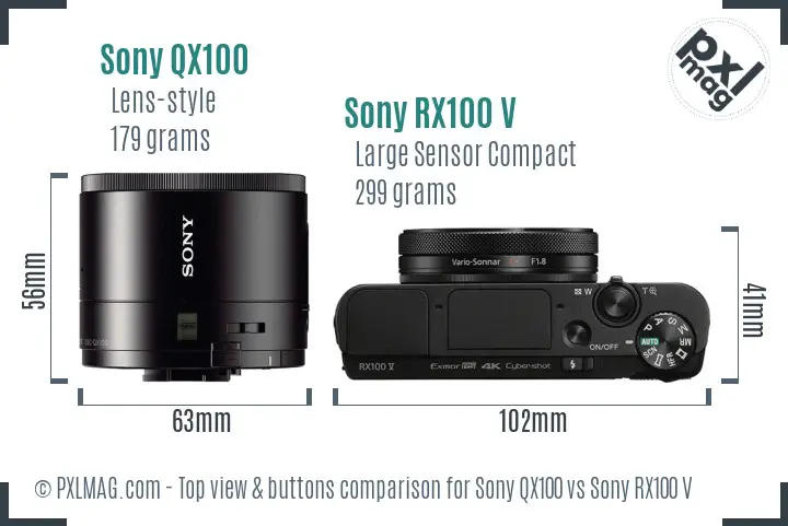 Sony QX100 vs Sony RX100 V top view buttons comparison
