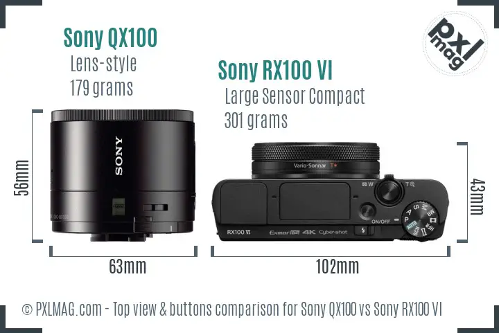 Sony QX100 vs Sony RX100 VI top view buttons comparison