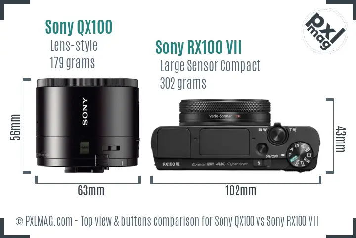 Sony QX100 vs Sony RX100 VII top view buttons comparison
