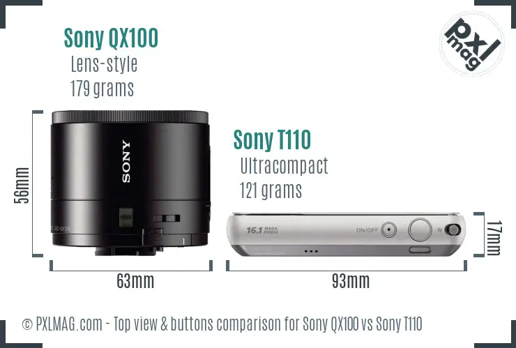 Sony QX100 vs Sony T110 top view buttons comparison