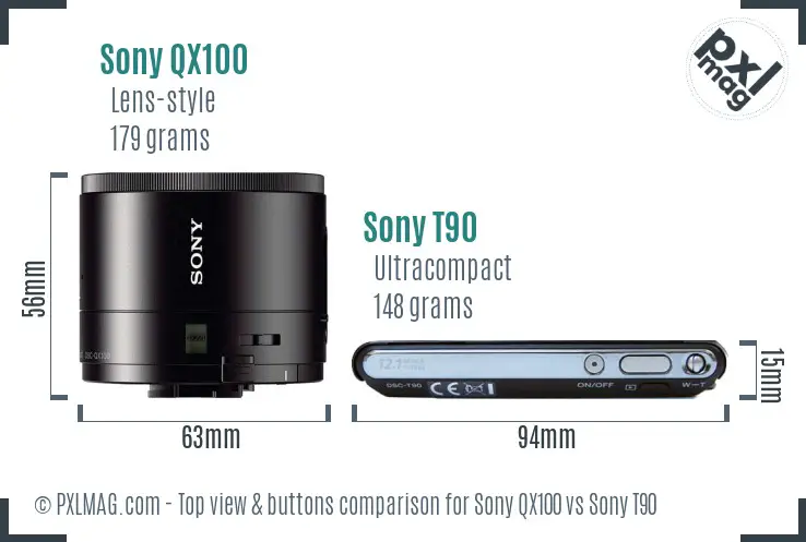 Sony QX100 vs Sony T90 top view buttons comparison