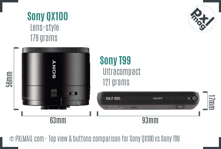 Sony QX100 vs Sony T99 top view buttons comparison
