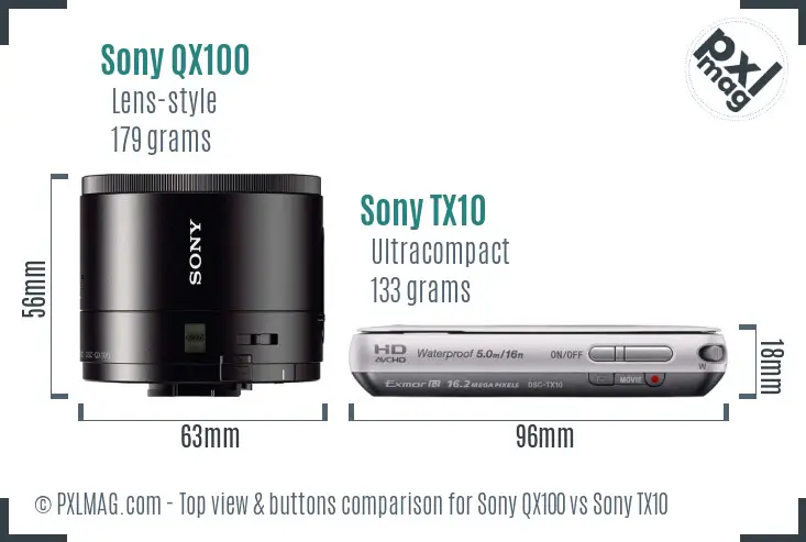 Sony QX100 vs Sony TX10 top view buttons comparison
