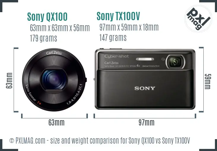 Sony QX100 vs Sony TX100V size comparison