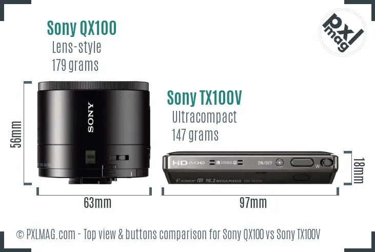 Sony QX100 vs Sony TX100V top view buttons comparison