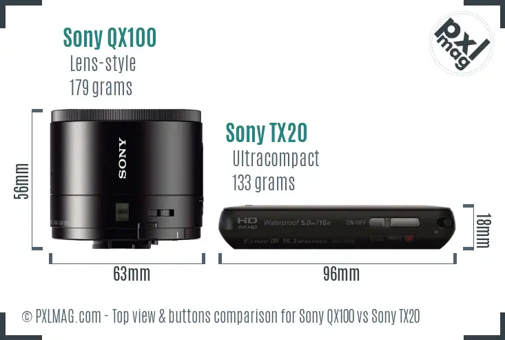 Sony QX100 vs Sony TX20 top view buttons comparison