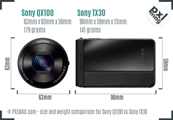 Sony QX100 vs Sony TX30 size comparison