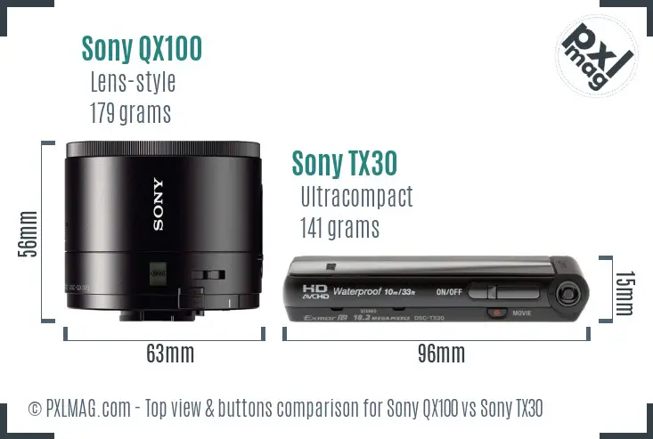 Sony QX100 vs Sony TX30 top view buttons comparison