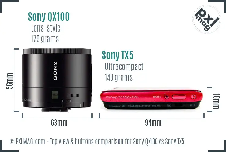 Sony QX100 vs Sony TX5 top view buttons comparison