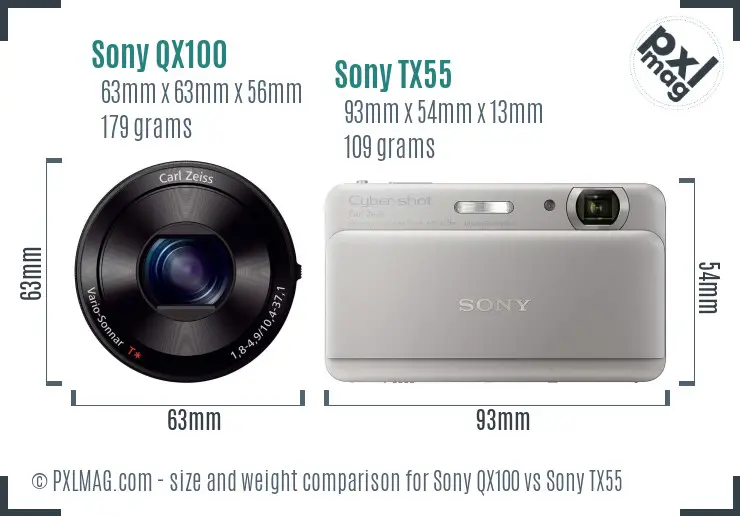 Sony QX100 vs Sony TX55 size comparison