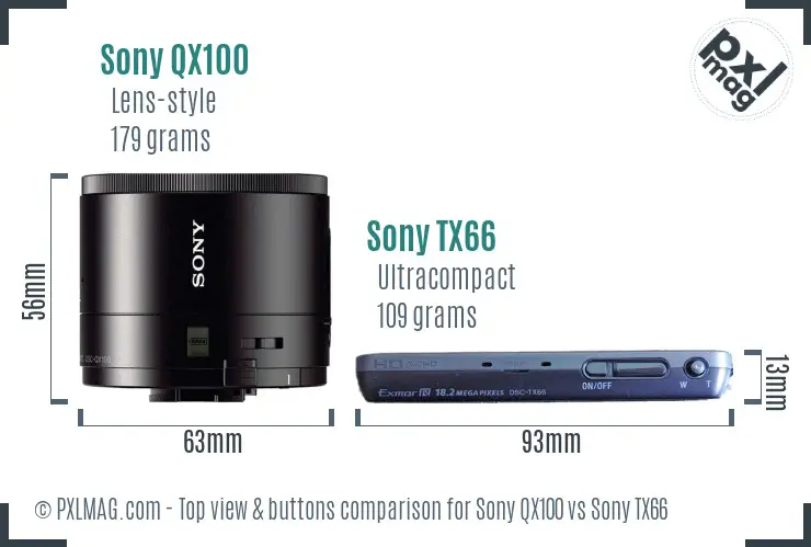 Sony QX100 vs Sony TX66 top view buttons comparison