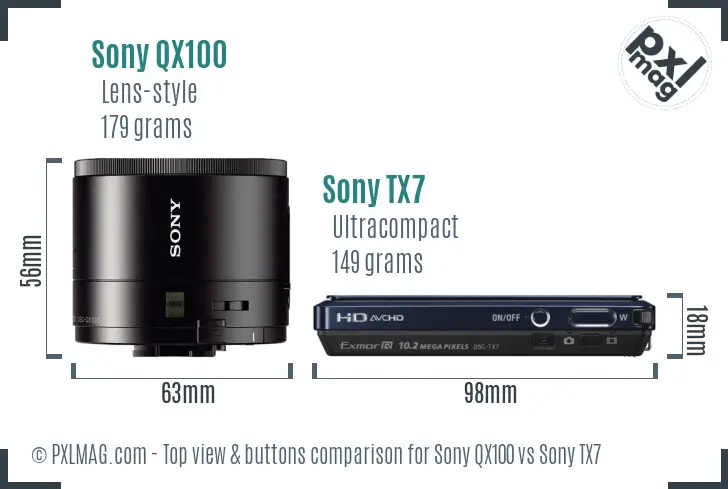 Sony QX100 vs Sony TX7 top view buttons comparison