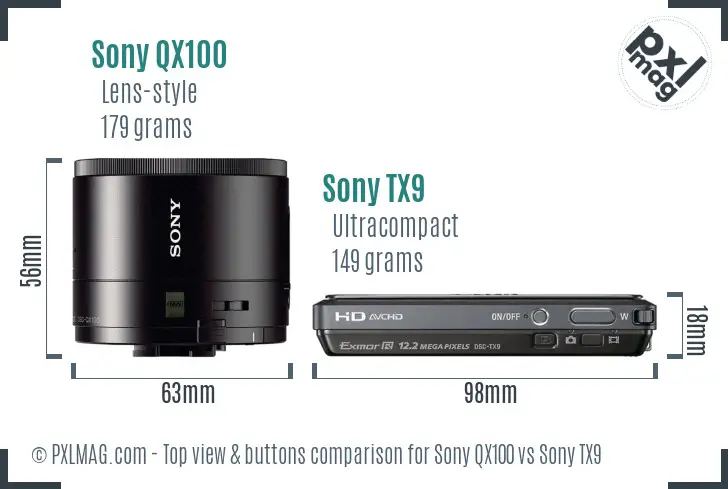 Sony QX100 vs Sony TX9 top view buttons comparison