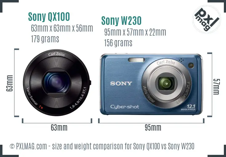 Sony QX100 vs Sony W230 size comparison