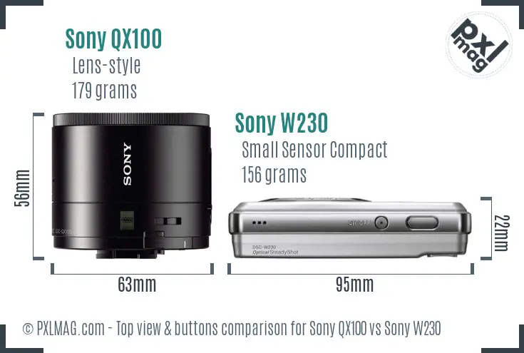 Sony QX100 vs Sony W230 top view buttons comparison
