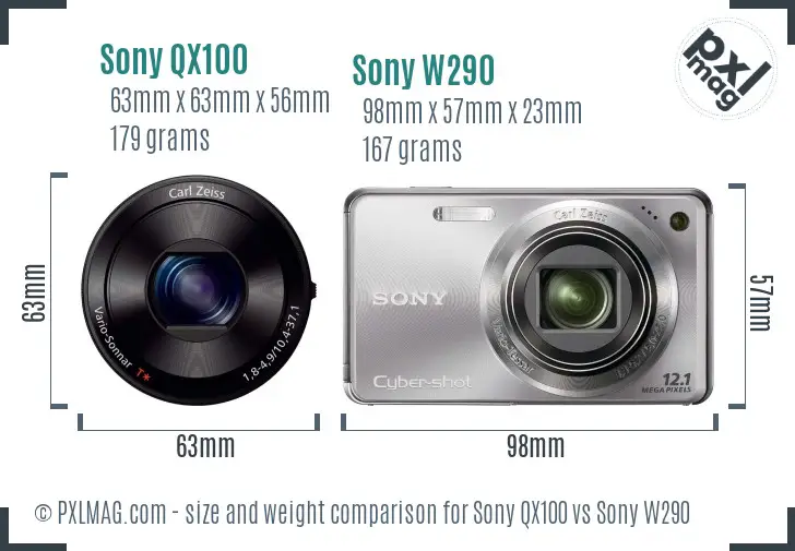 Sony QX100 vs Sony W290 size comparison