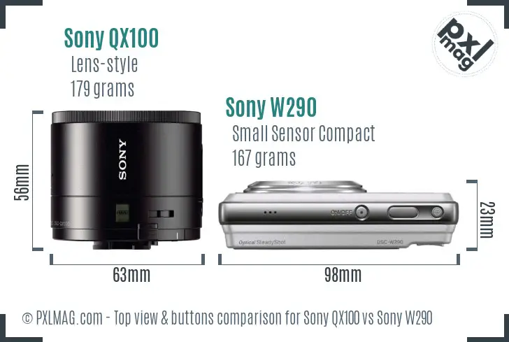 Sony QX100 vs Sony W290 top view buttons comparison