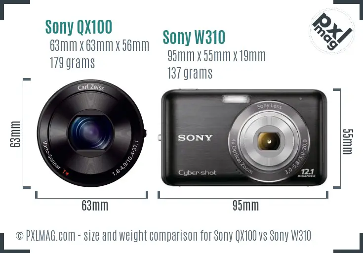 Sony QX100 vs Sony W310 size comparison