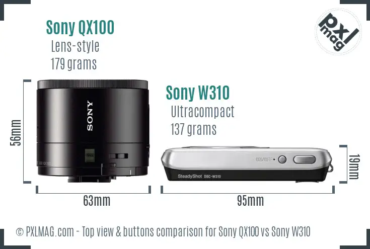 Sony QX100 vs Sony W310 top view buttons comparison
