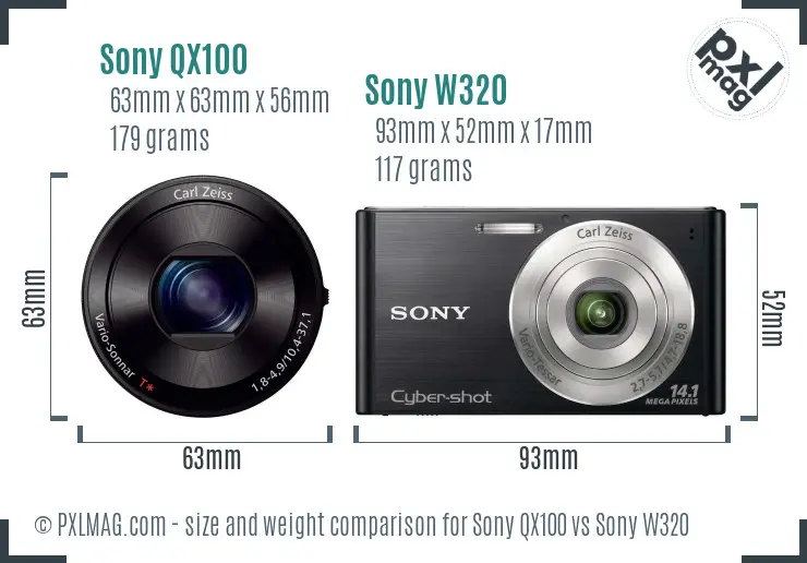 Sony QX100 vs Sony W320 size comparison