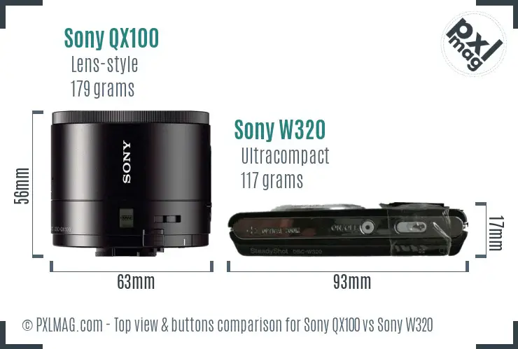 Sony QX100 vs Sony W320 top view buttons comparison