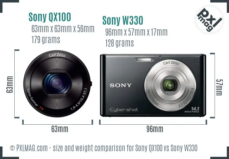 Sony QX100 vs Sony W330 size comparison