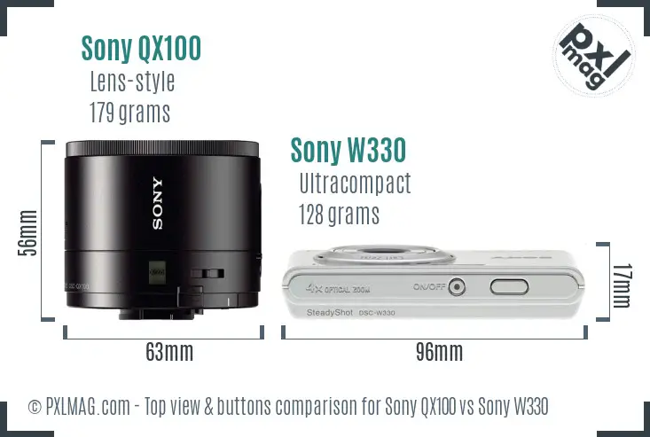 Sony QX100 vs Sony W330 top view buttons comparison