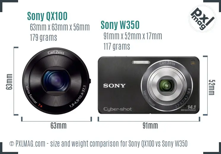 Sony QX100 vs Sony W350 size comparison