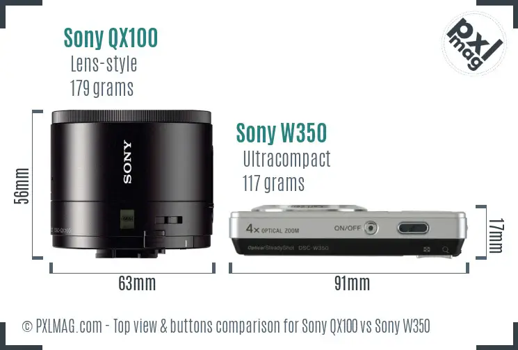 Sony QX100 vs Sony W350 top view buttons comparison
