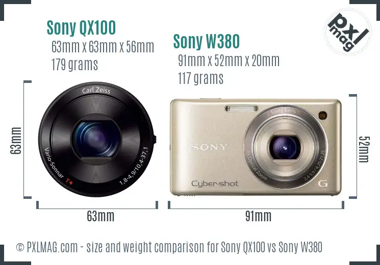 Sony QX100 vs Sony W380 size comparison