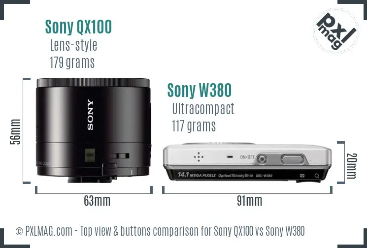 Sony QX100 vs Sony W380 top view buttons comparison