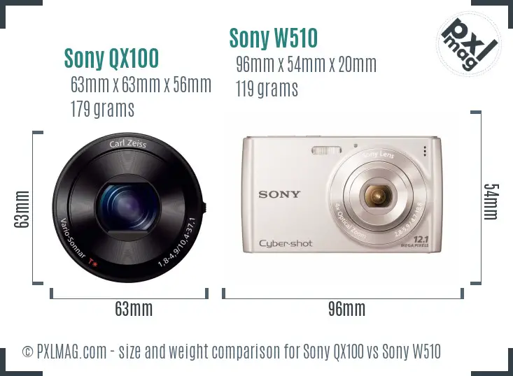 Sony QX100 vs Sony W510 size comparison