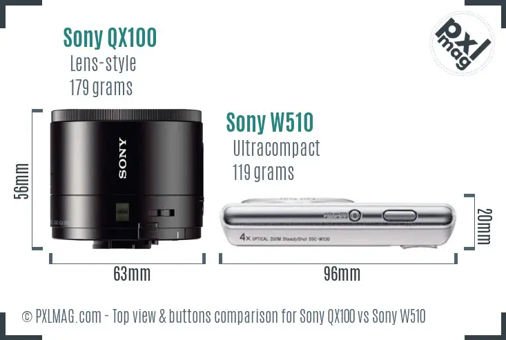 Sony QX100 vs Sony W510 top view buttons comparison