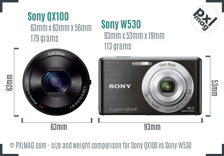 Sony QX100 vs Sony W530 size comparison