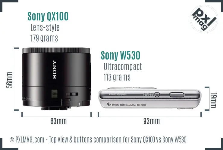 Sony QX100 vs Sony W530 top view buttons comparison