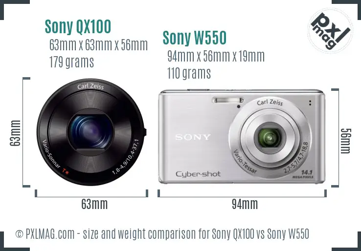 Sony QX100 vs Sony W550 size comparison