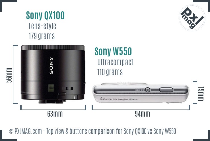 Sony QX100 vs Sony W550 top view buttons comparison