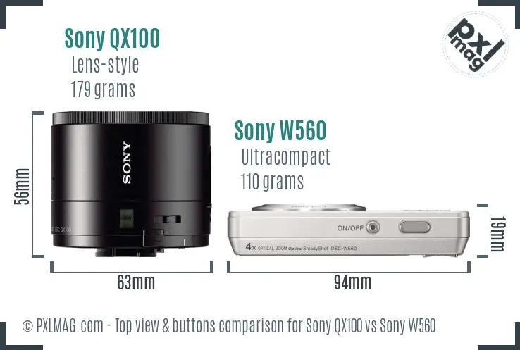 Sony QX100 vs Sony W560 top view buttons comparison