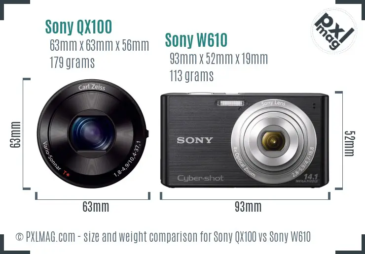 Sony QX100 vs Sony W610 size comparison