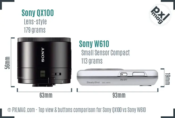 Sony QX100 vs Sony W610 top view buttons comparison