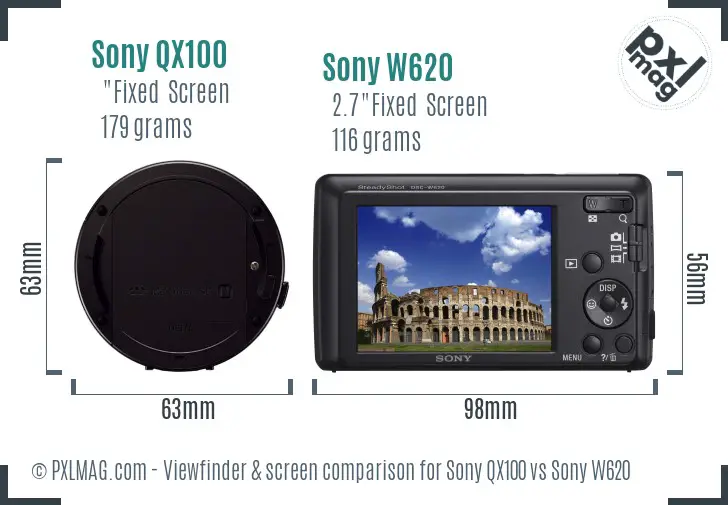Sony QX100 vs Sony W620 Screen and Viewfinder comparison