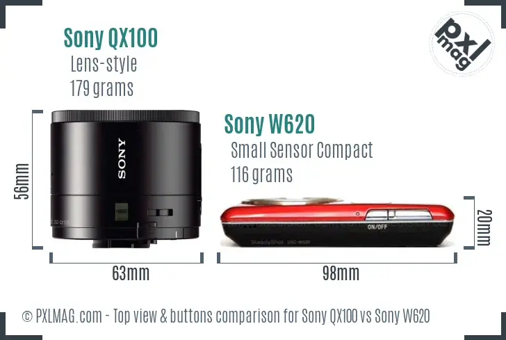 Sony QX100 vs Sony W620 top view buttons comparison
