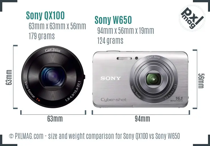 Sony QX100 vs Sony W650 size comparison