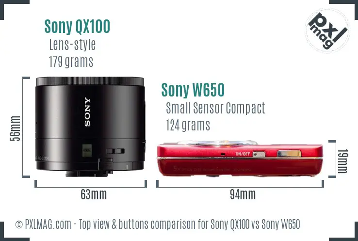 Sony QX100 vs Sony W650 top view buttons comparison