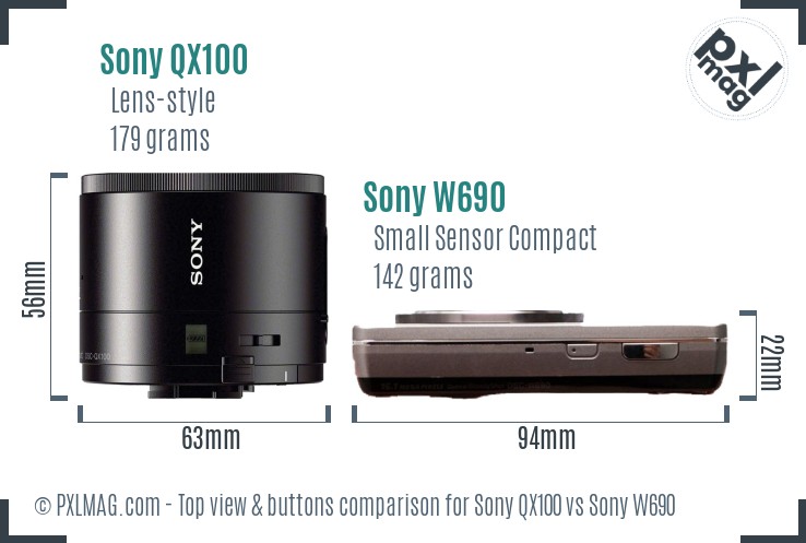 Sony QX100 vs Sony W690 top view buttons comparison