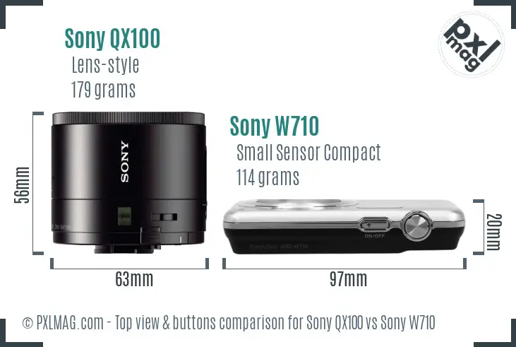 Sony QX100 vs Sony W710 top view buttons comparison