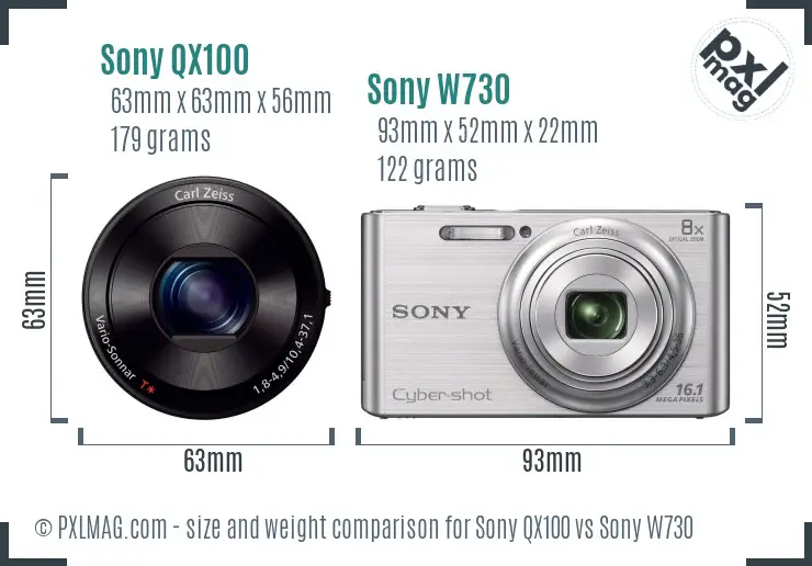 Sony QX100 vs Sony W730 size comparison