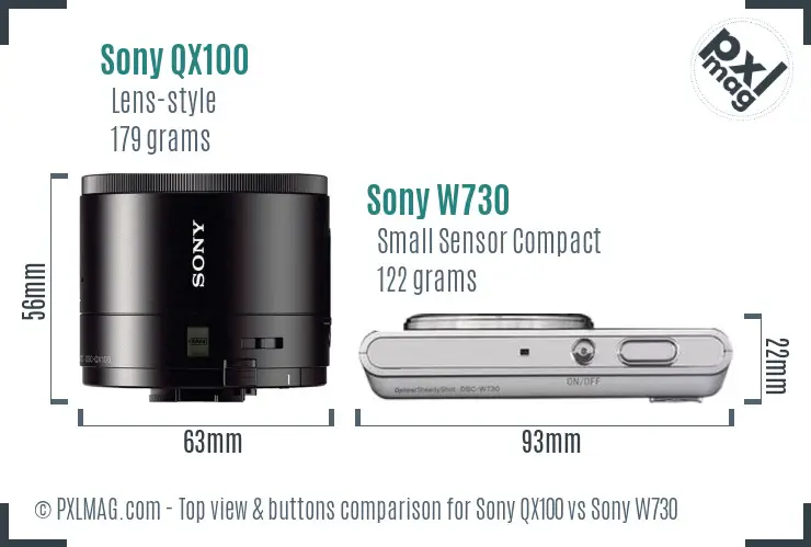 Sony QX100 vs Sony W730 top view buttons comparison