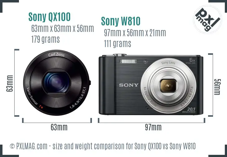 Sony QX100 vs Sony W810 size comparison