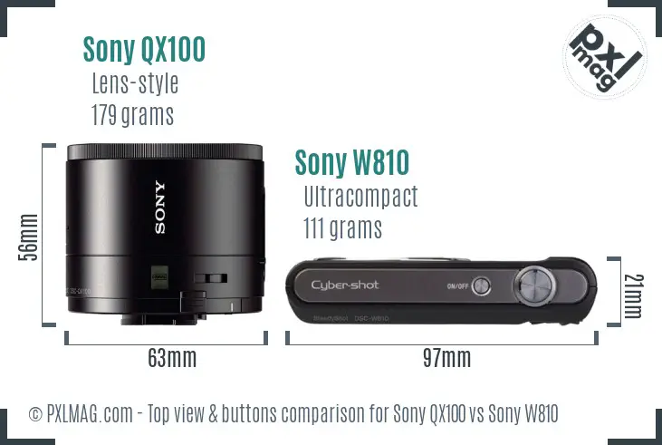 Sony QX100 vs Sony W810 top view buttons comparison